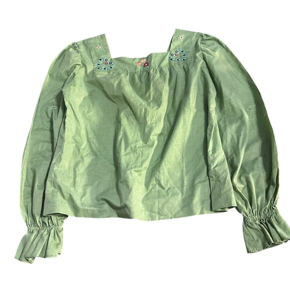 Vintage 70s Green Squareneck Top Embroidered Heart Flower Womens Medium Peasant - Picture 4 of 4